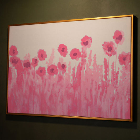 Pink Poppies Canvas Print shown in antique gold floating frame