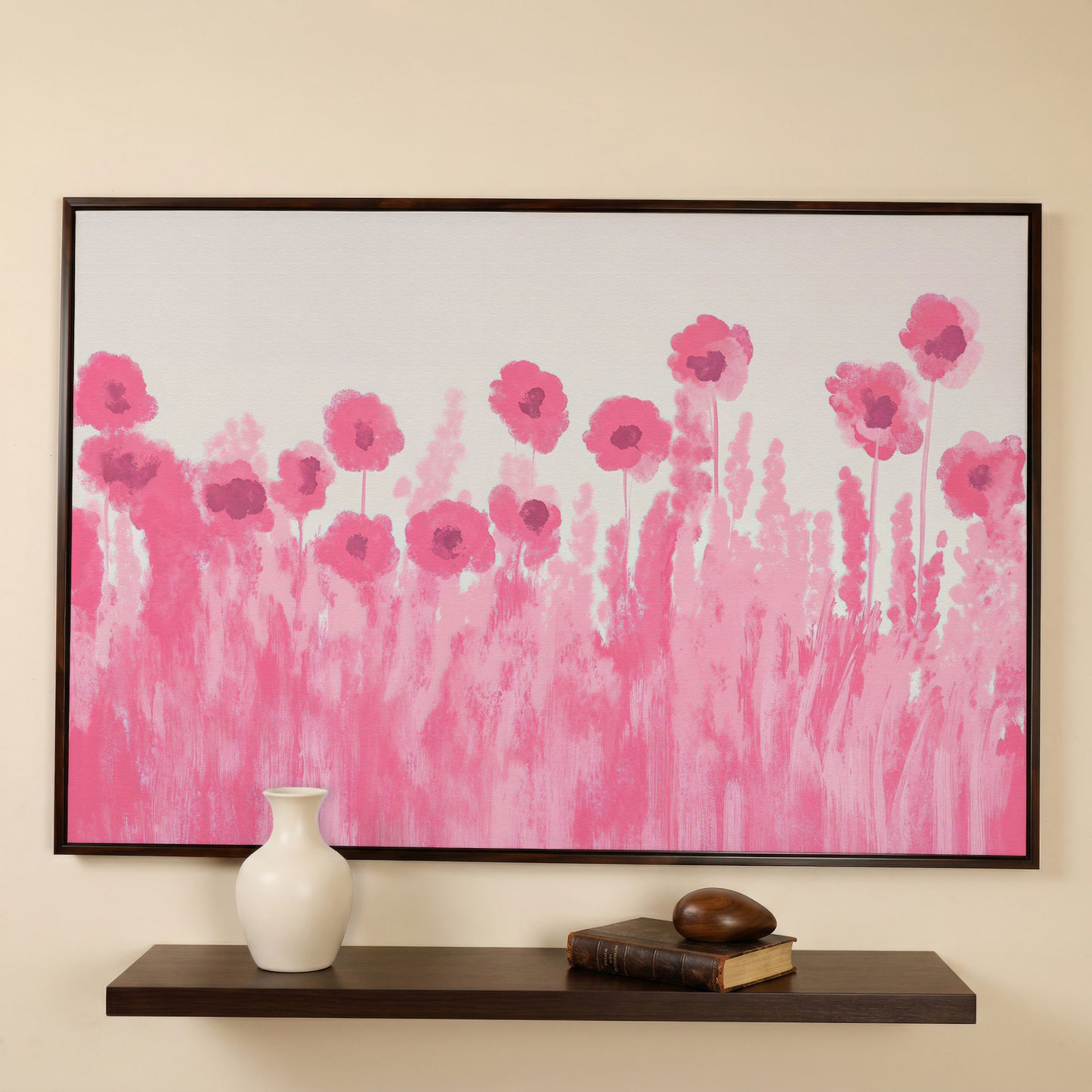 Pink Poppies Canvas Print in dark walnut floating frame
