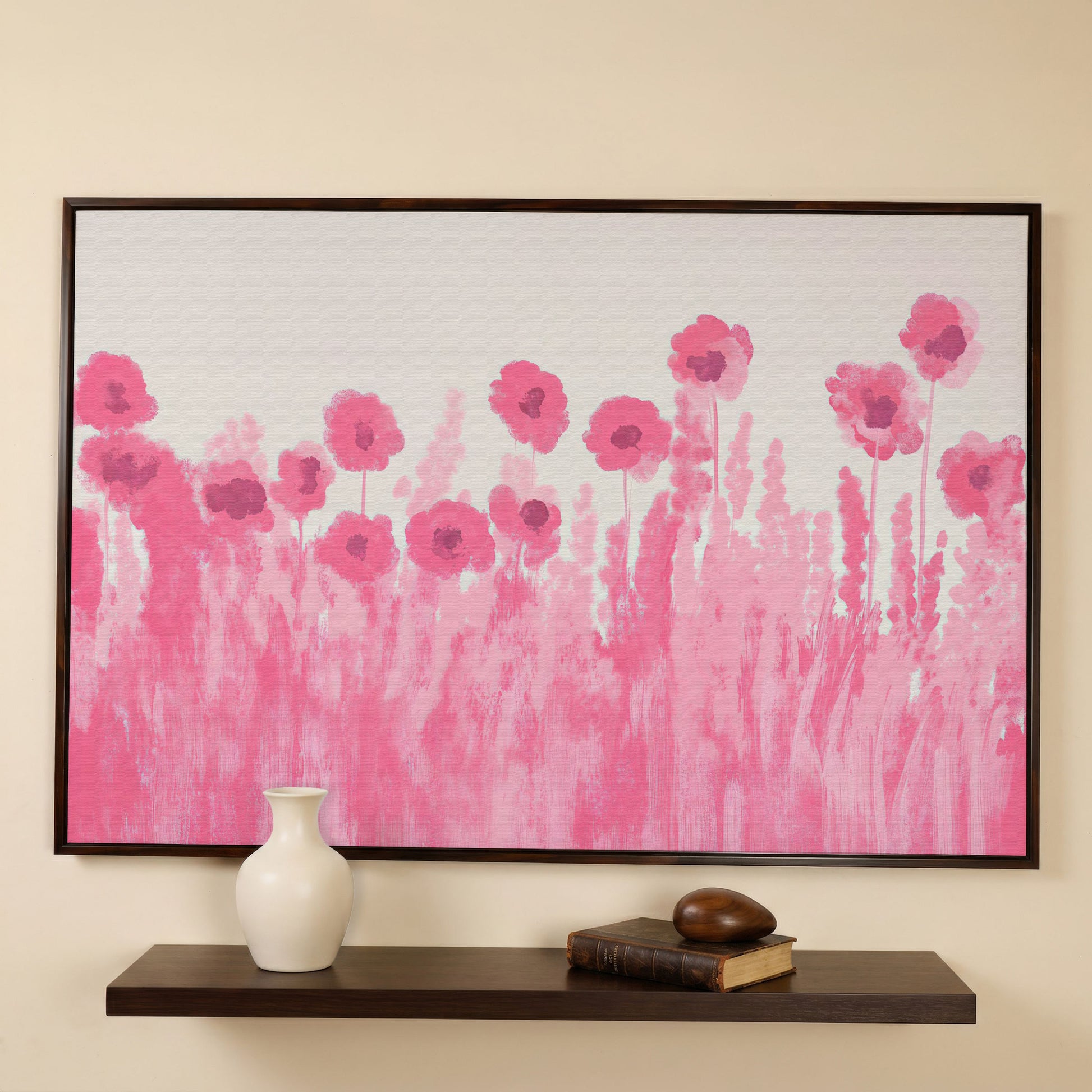 Pink Poppies Canvas Print in dark walnut floating frame
