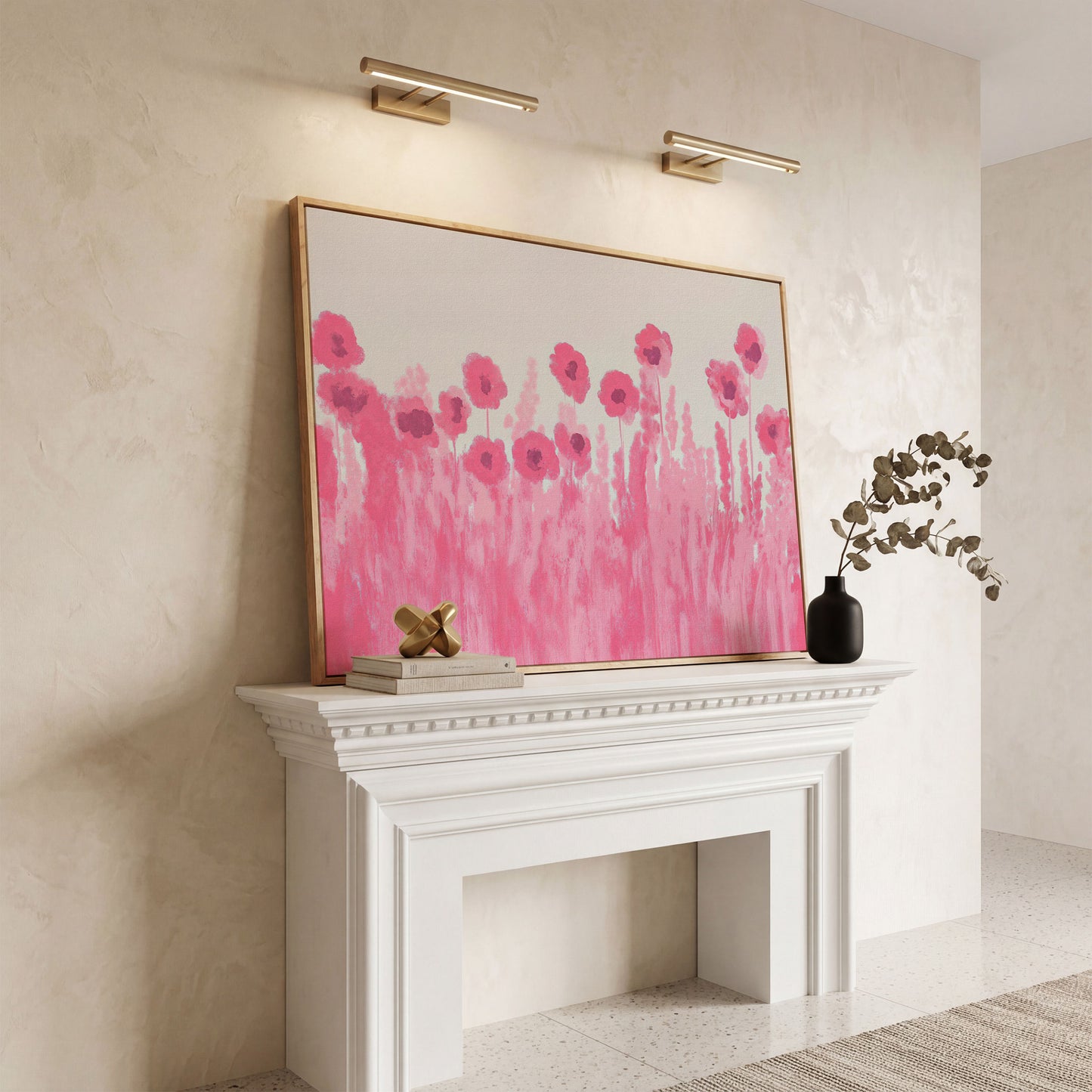 Pink Poppies Canvas Print in white oak floating frame