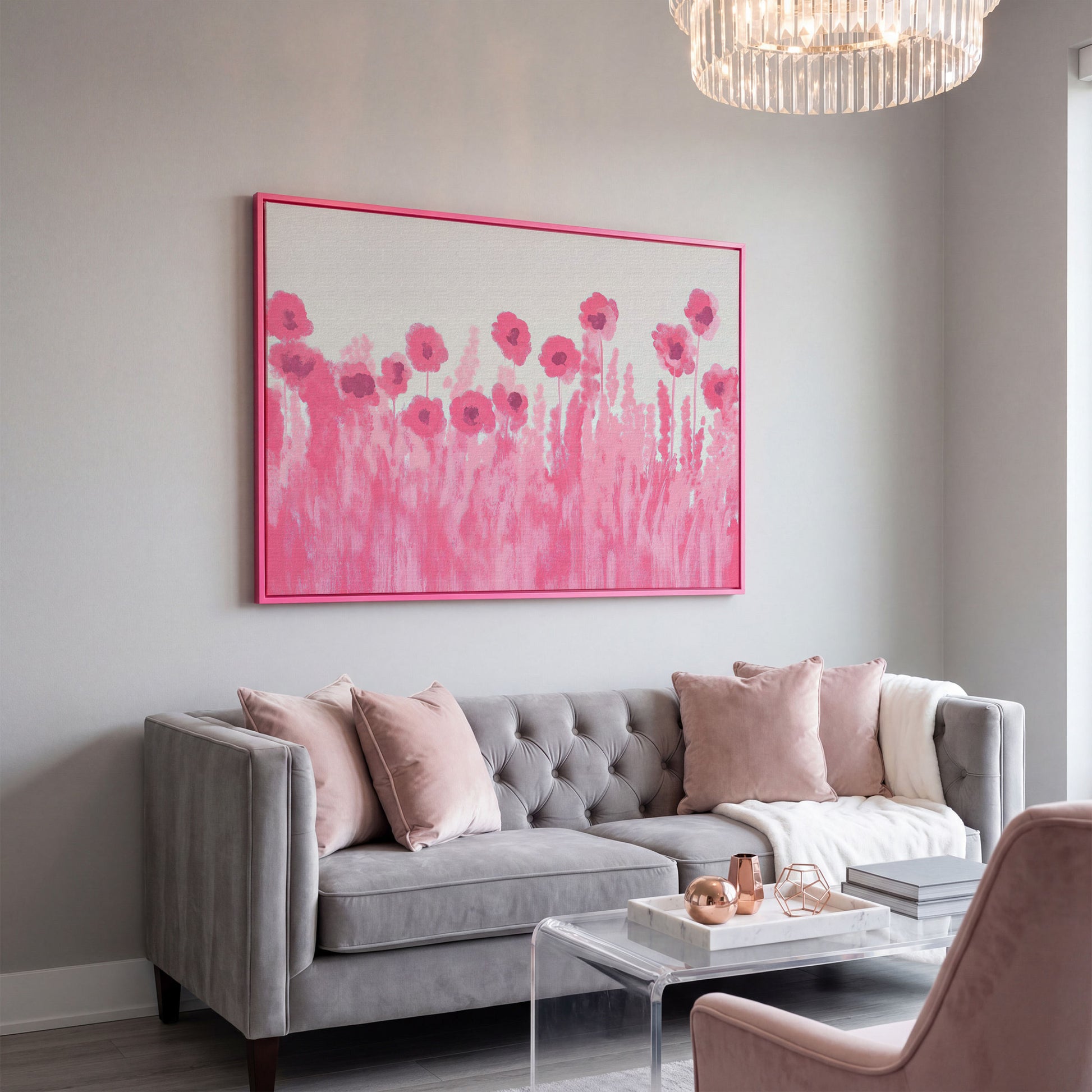 Pink Poppies Canvas Print in pink floating frame
