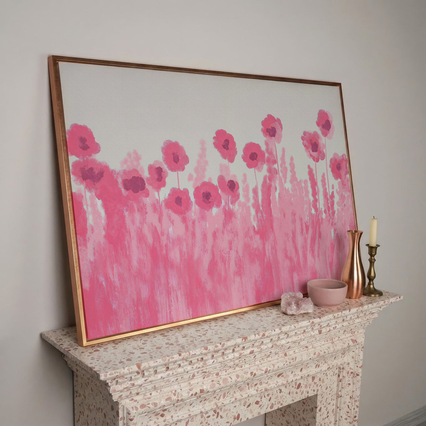 Pink Poppies Canvas Print in rose gold floating frame
