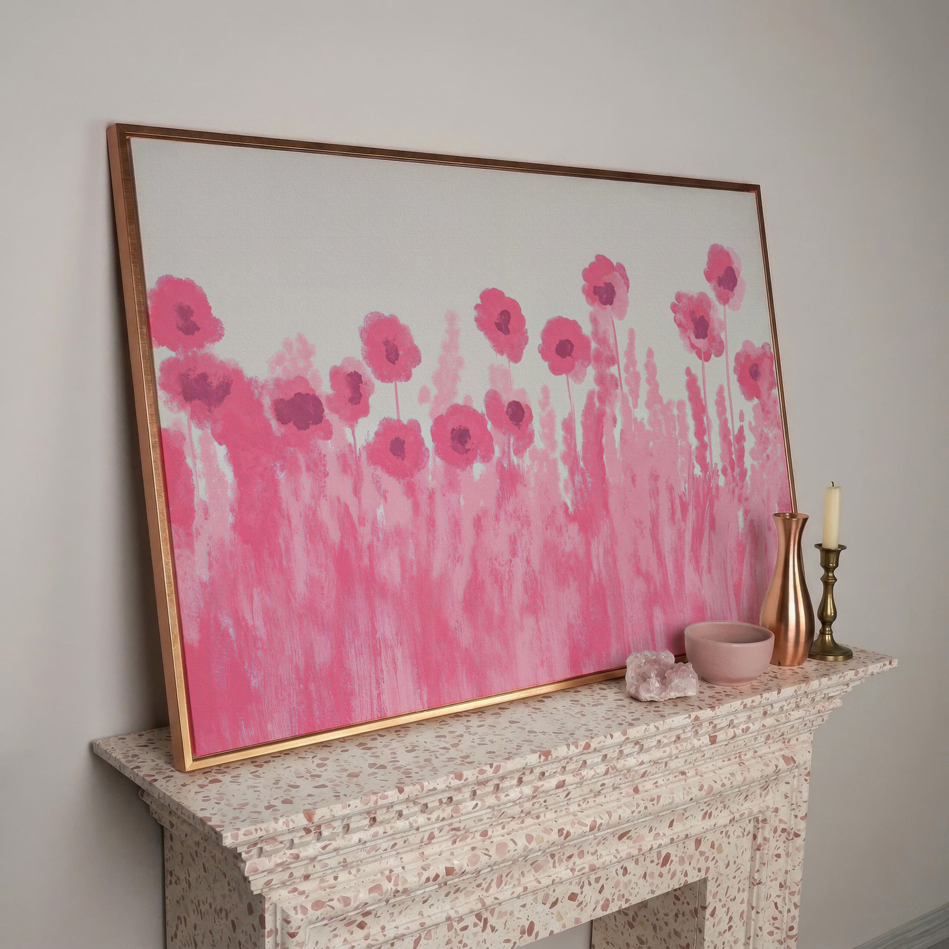 Pink Poppies Canvas Print in rose gold floating frame