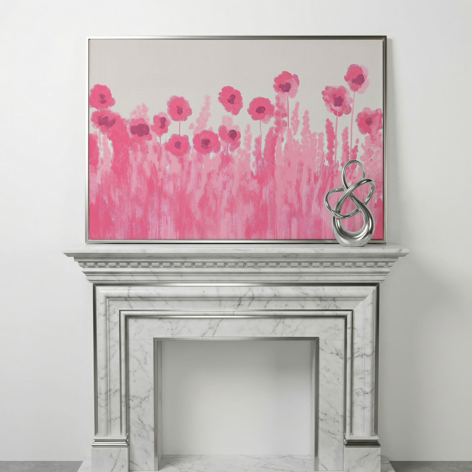 Pink Poppies Canvas Print in silver floating frame