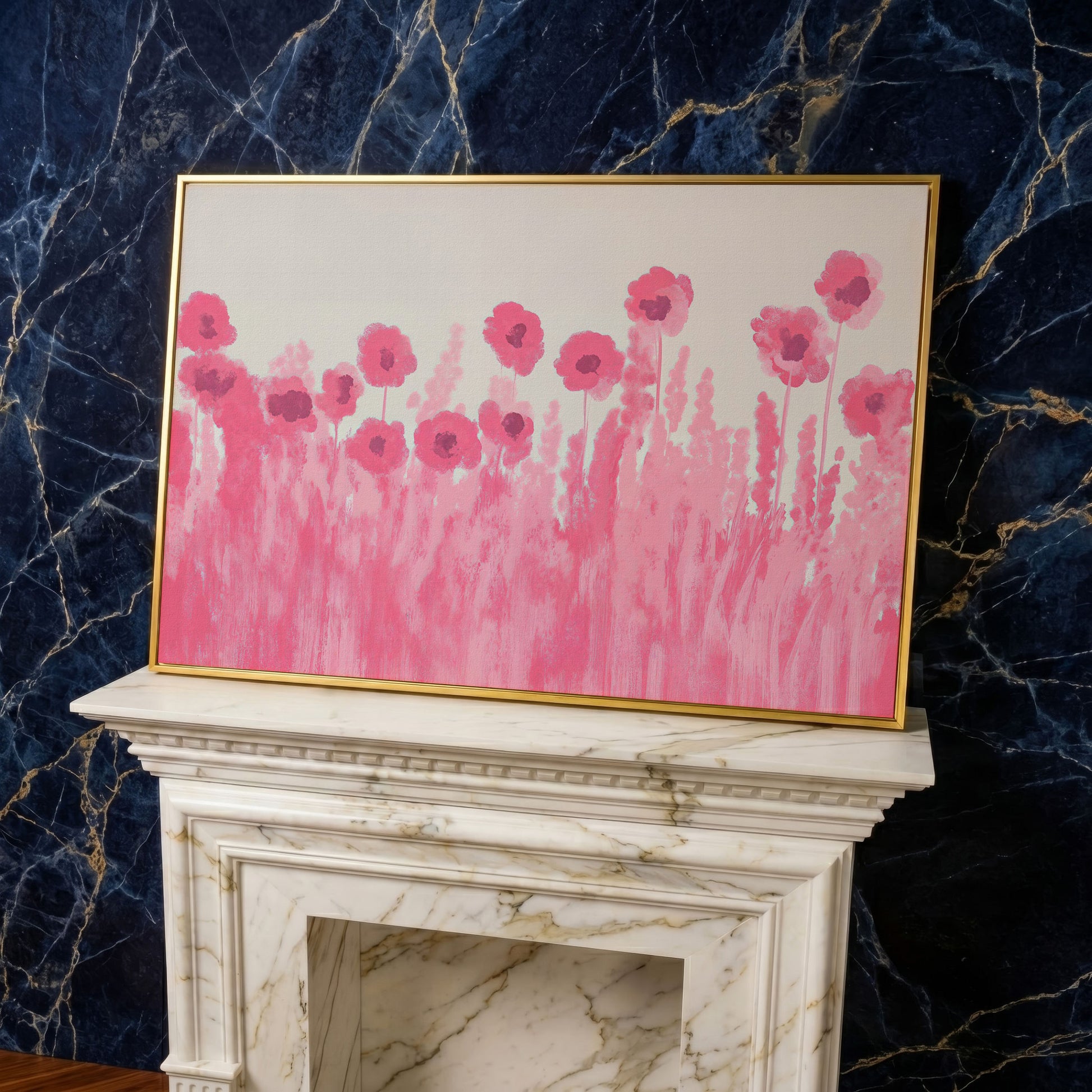 Pink Poppies Canvas Print in yellow gold floating frame