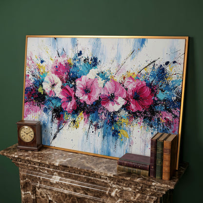 Modern Vibrant Floral Canvas Print in antique gold floating frame