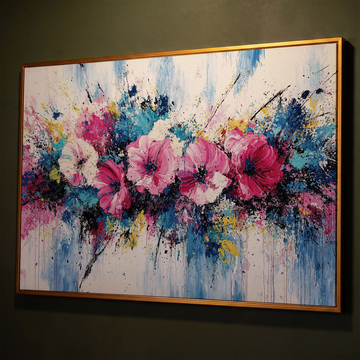 Modern Vibrant Floral Canvas Print shown in antique gold floating frame
