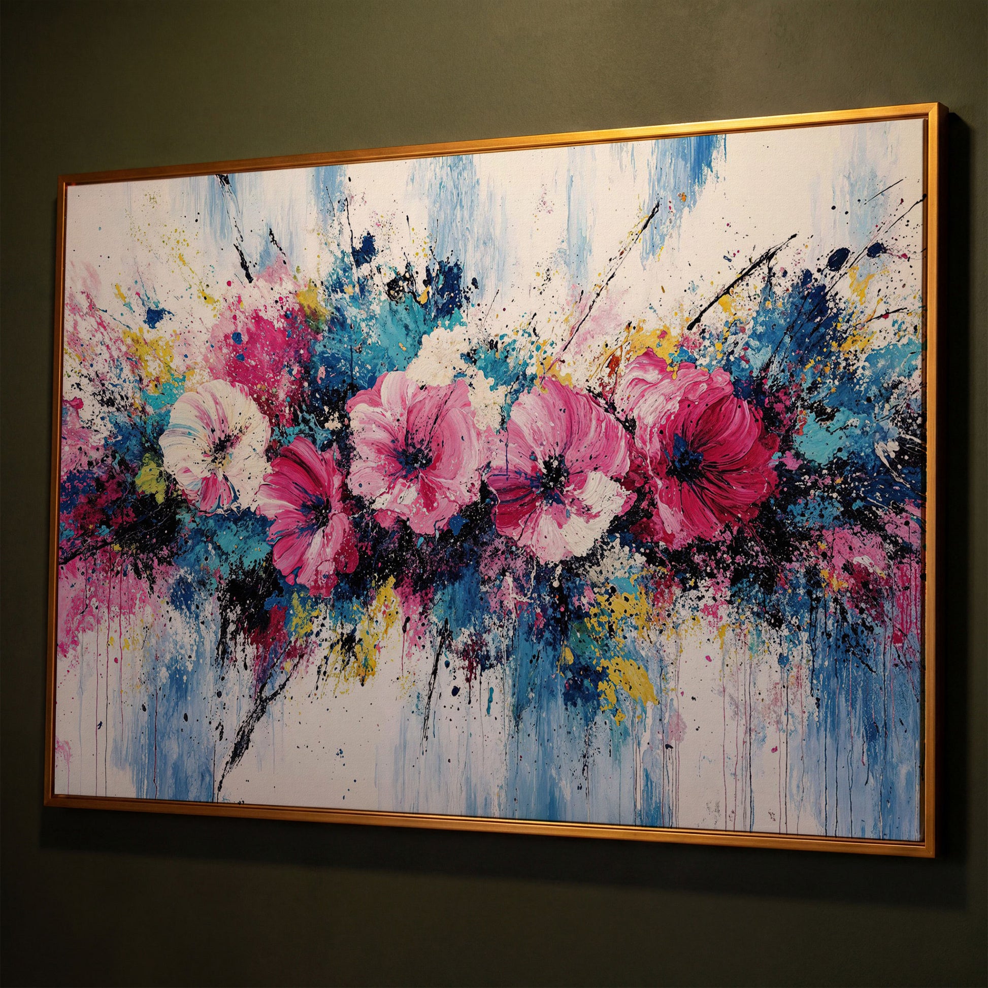 Modern Vibrant Floral Canvas Print shown in antique gold floating frame