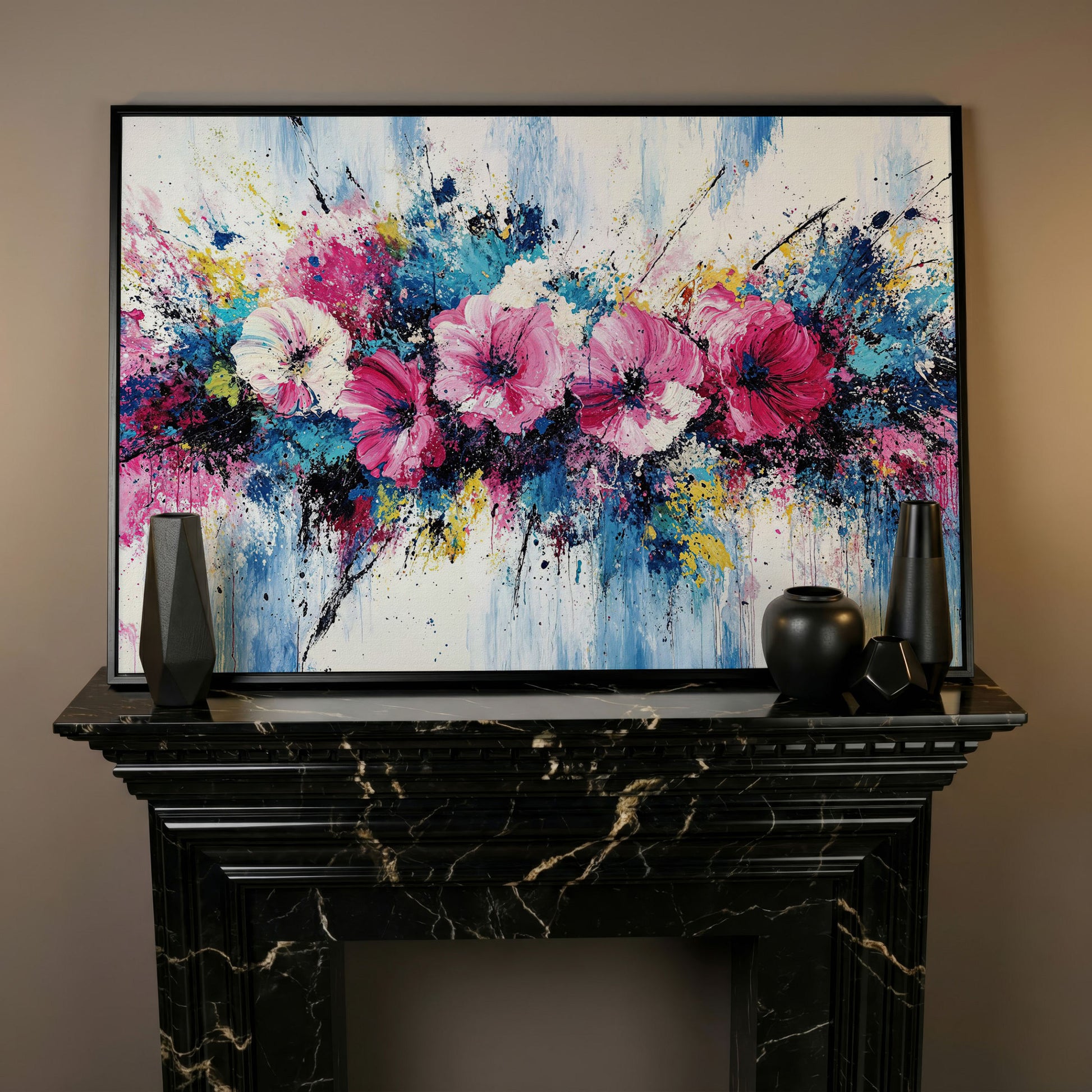 Modern Vibrant Floral Canvas Print in black floating frame