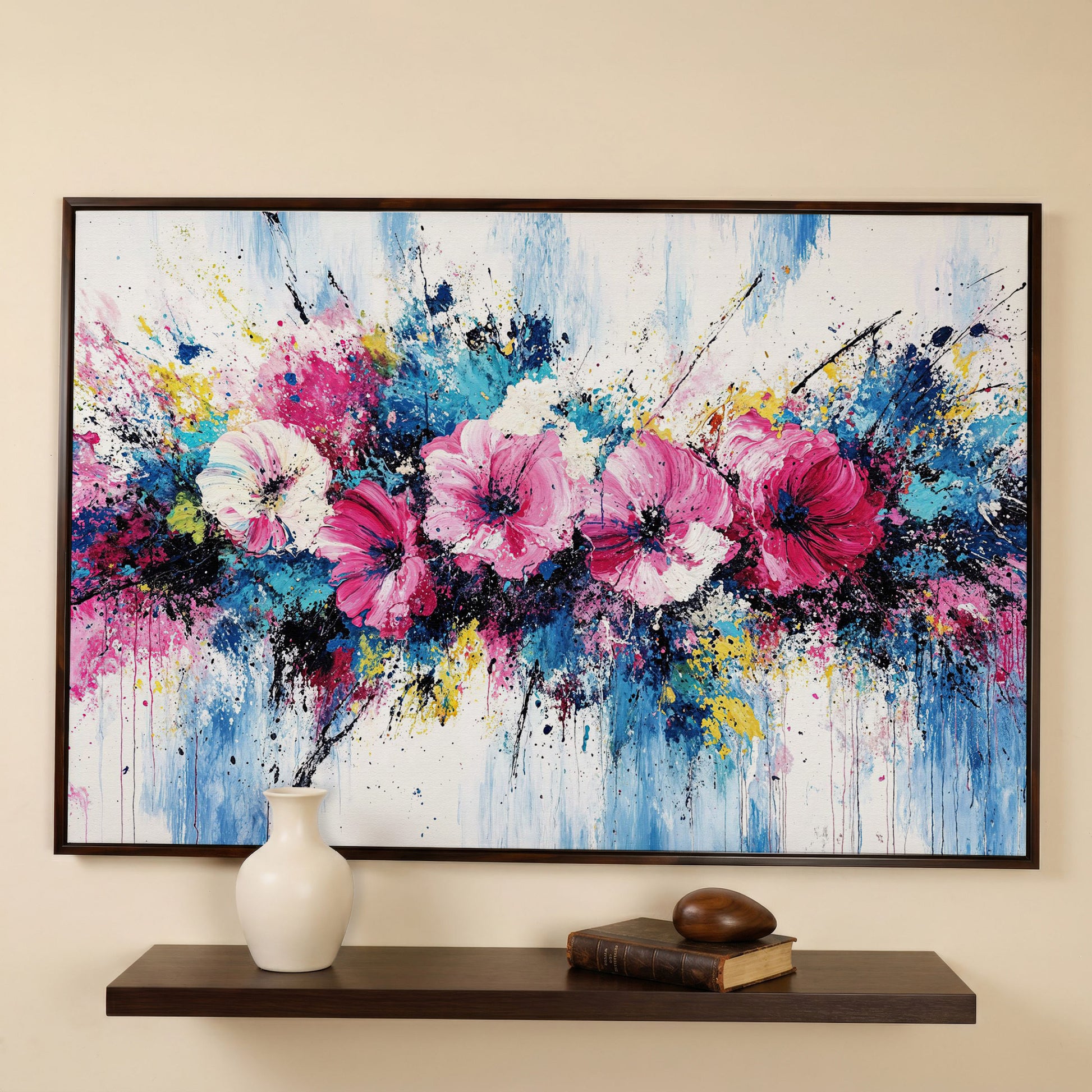 Modern Vibrant Floral Canvas Print in dark walnut floating frame