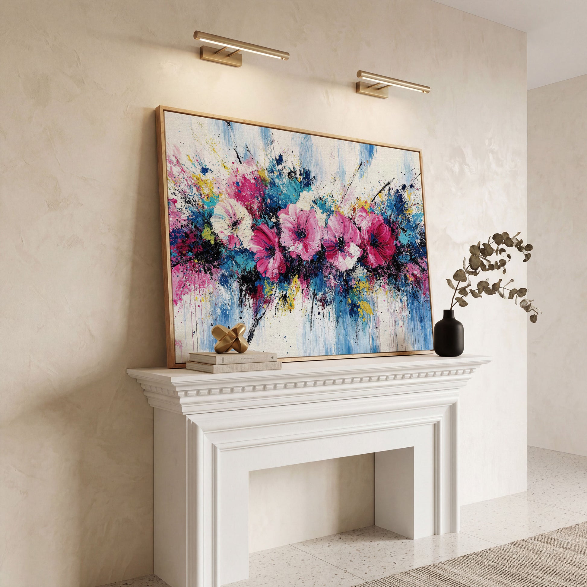 Modern Vibrant Floral Canvas Print in white oak floating frame