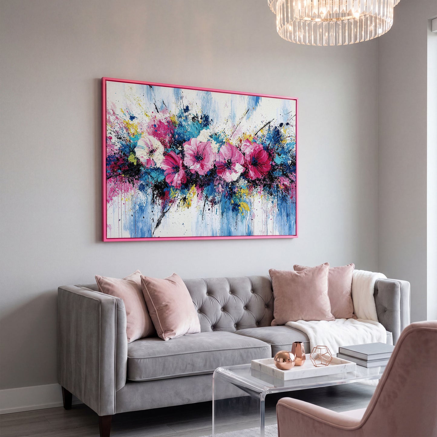 Modern Vibrant Floral Canvas Print in pink floating frame