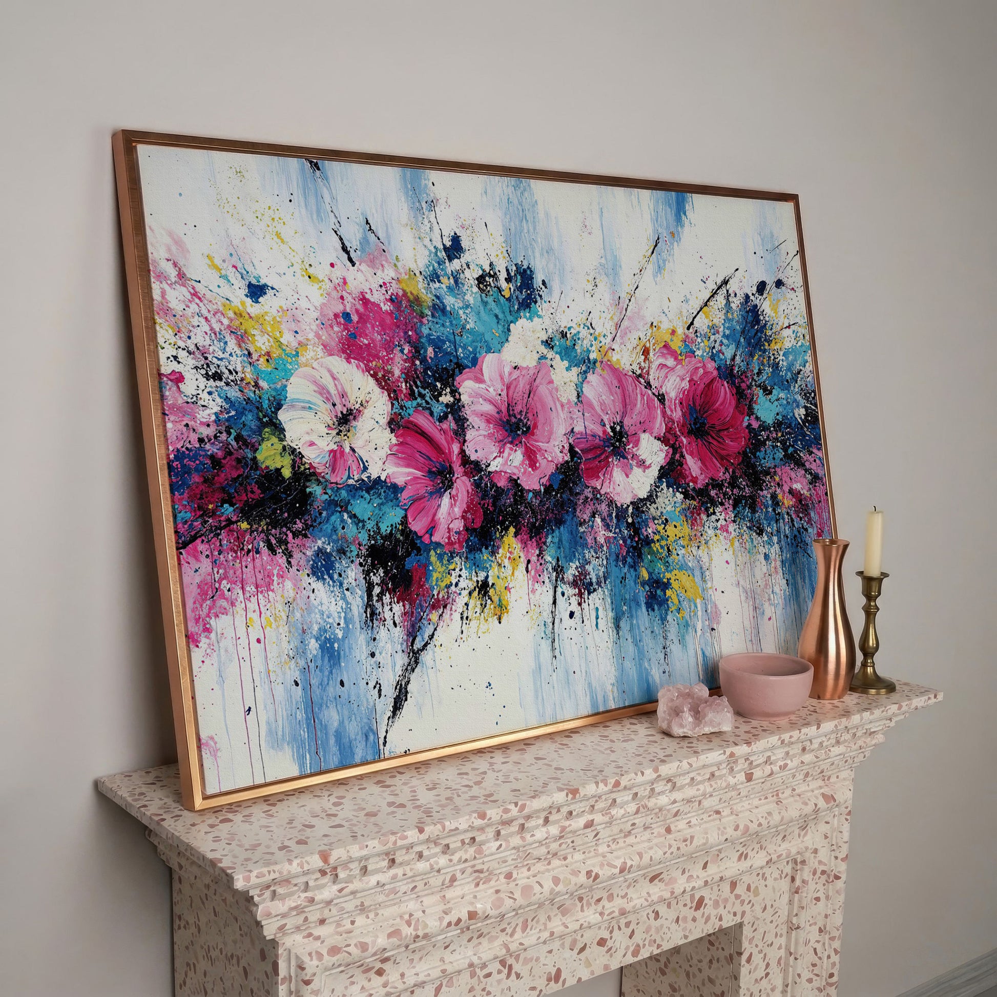 Modern Vibrant Floral Canvas Print in rose gold floating frame