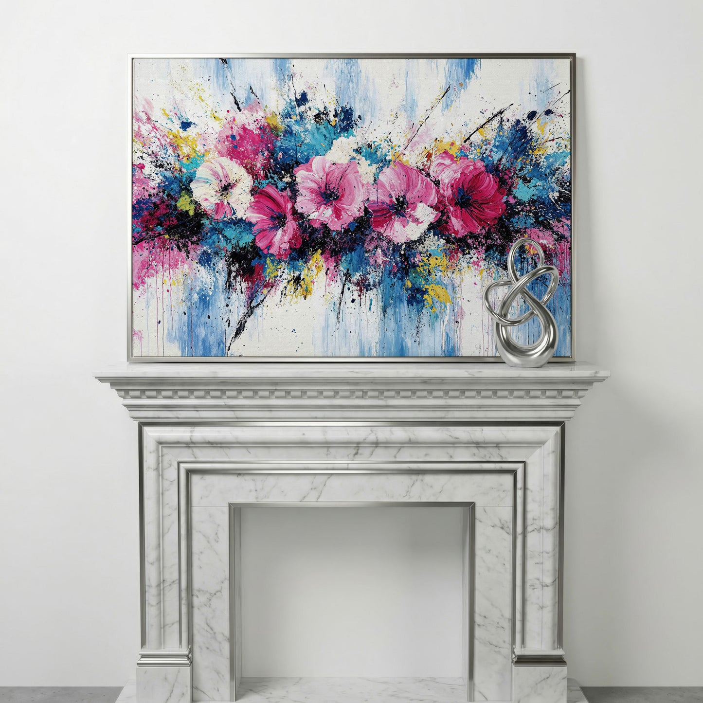 Modern Vibrant Floral Canvas Print in silver floating frame