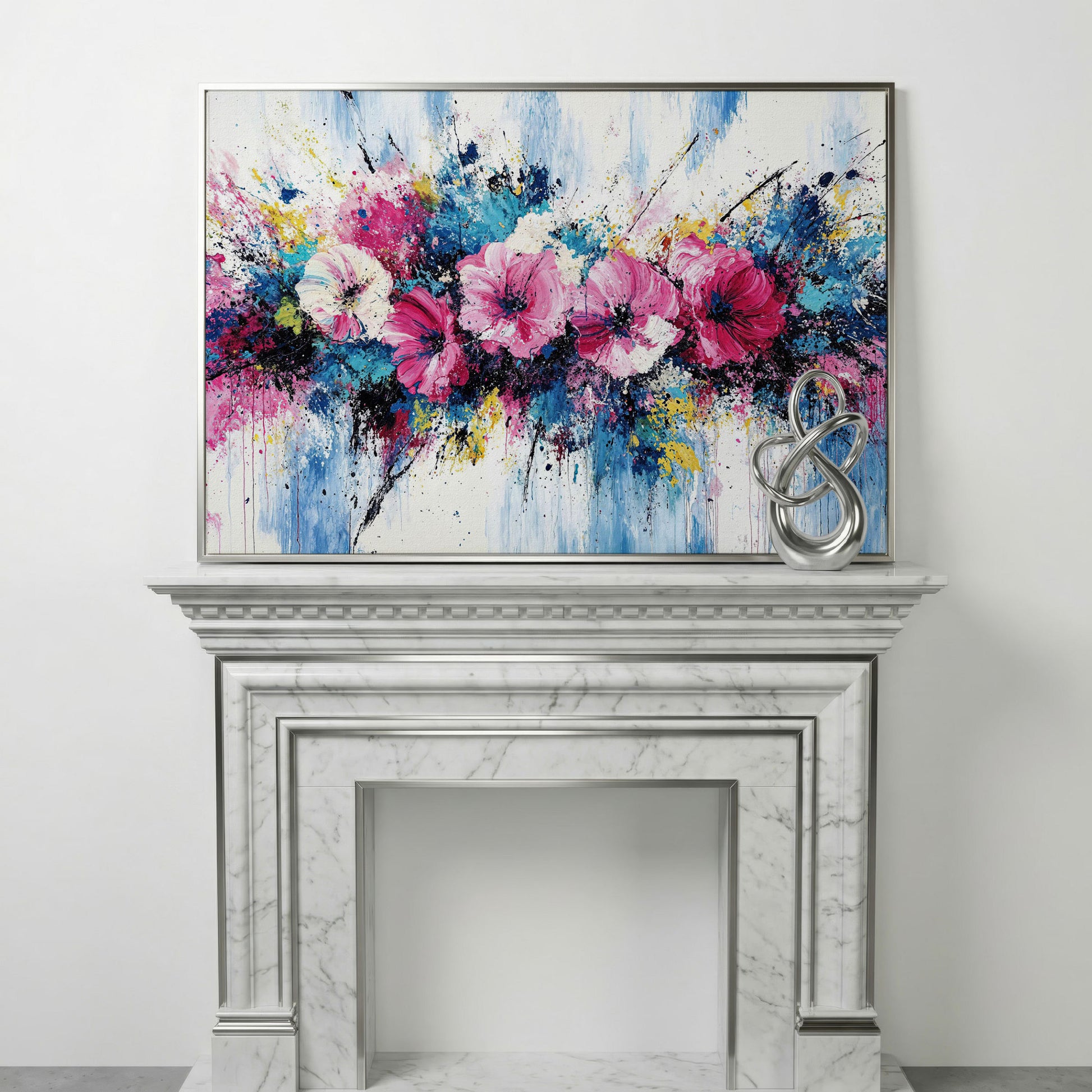 Modern Vibrant Floral Canvas Print in silver floating frame