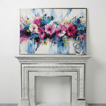 Modern Vibrant Floral Canvas Print in silver floating frame