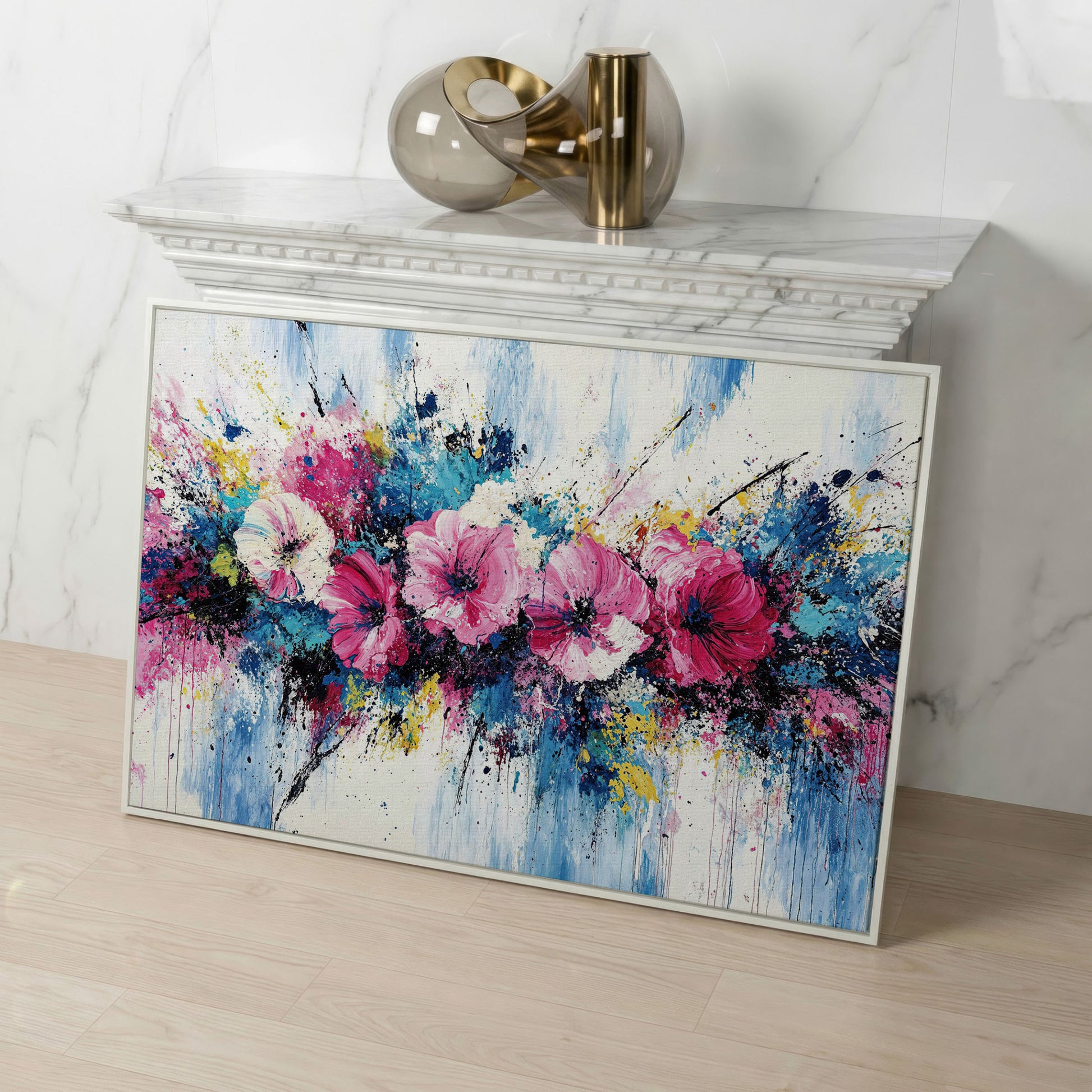 Modern Vibrant Floral Canvas Print in white floating frame