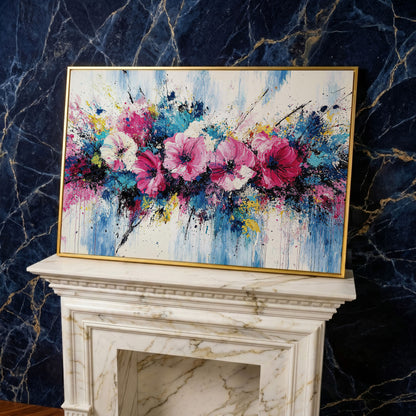 Modern Vibrant Floral Canvas Print in yellow gold floating frame