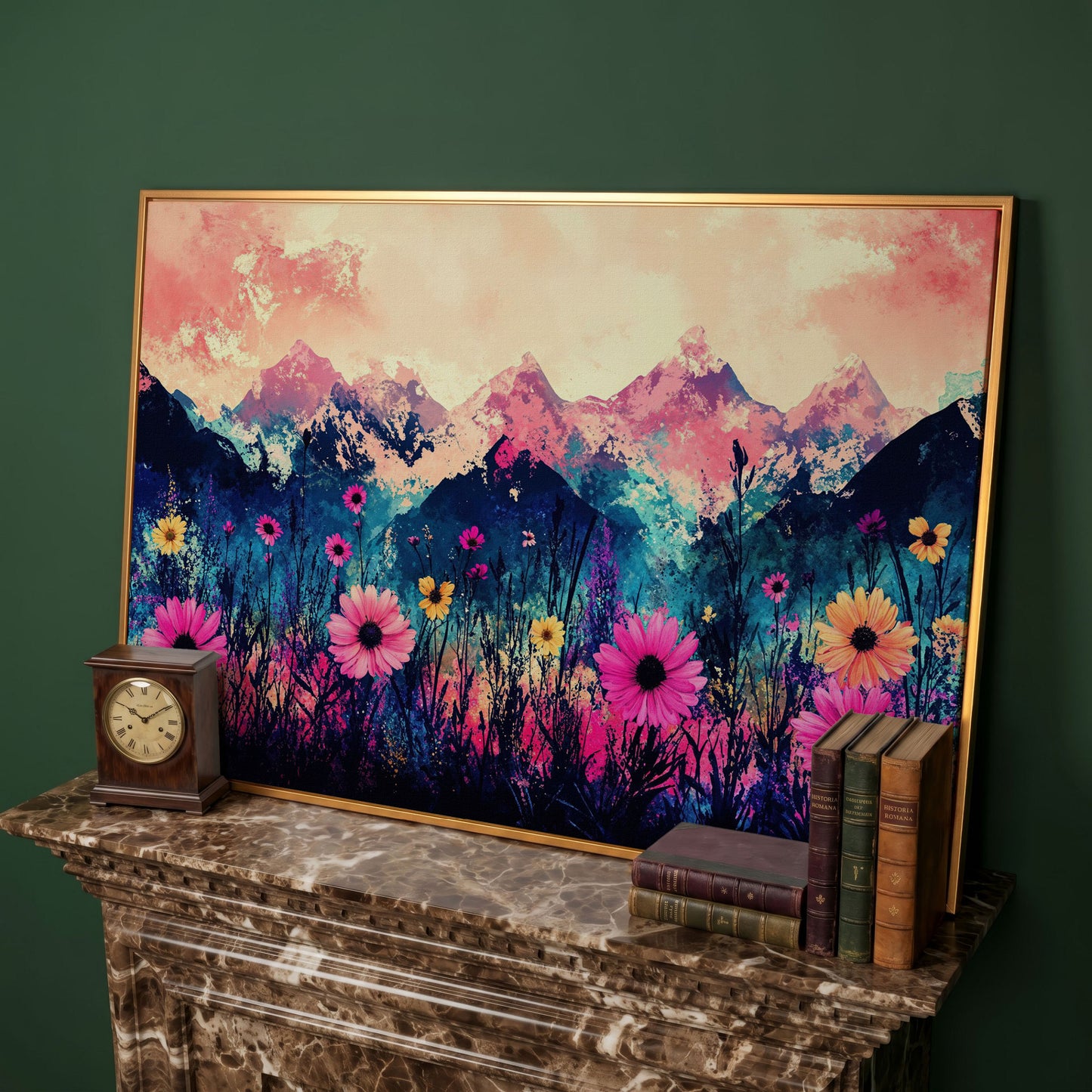 Mountain Sunrise with Wildflowers, Abstract Landscape Canvas Art in antique gold floating frame