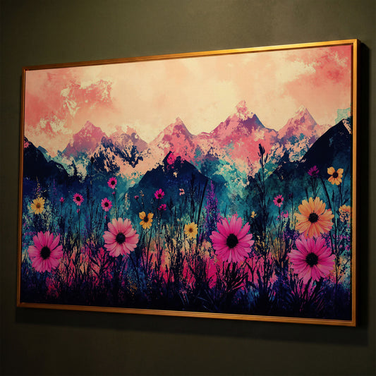 Mountain Sunrise with Wildflowers, Abstract Landscape Canvas Art shown in antique gold floating frame