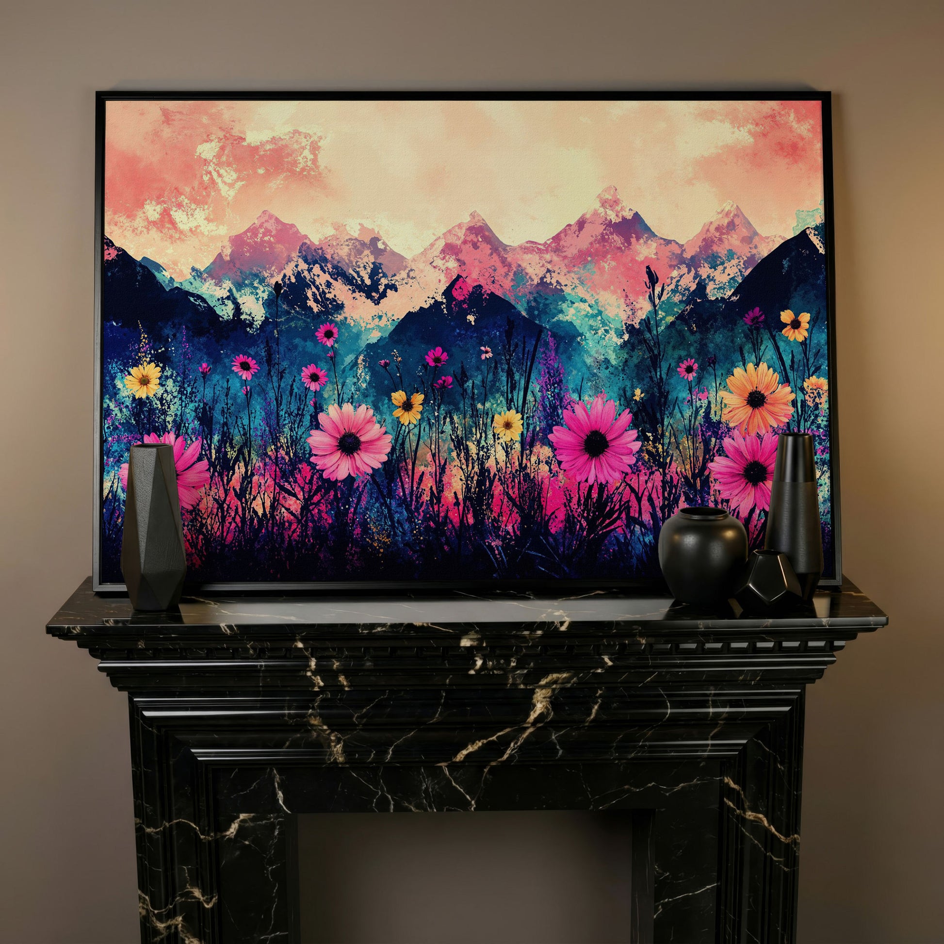 Mountain Sunrise with Wildflowers, Abstract Landscape Canvas Art in black floating frame