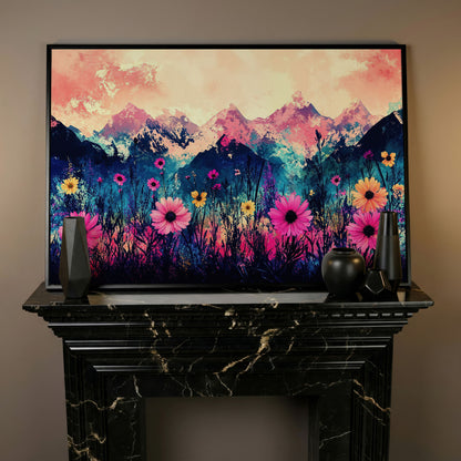 Mountain Sunrise with Wildflowers, Abstract Landscape Canvas Art in black floating frame