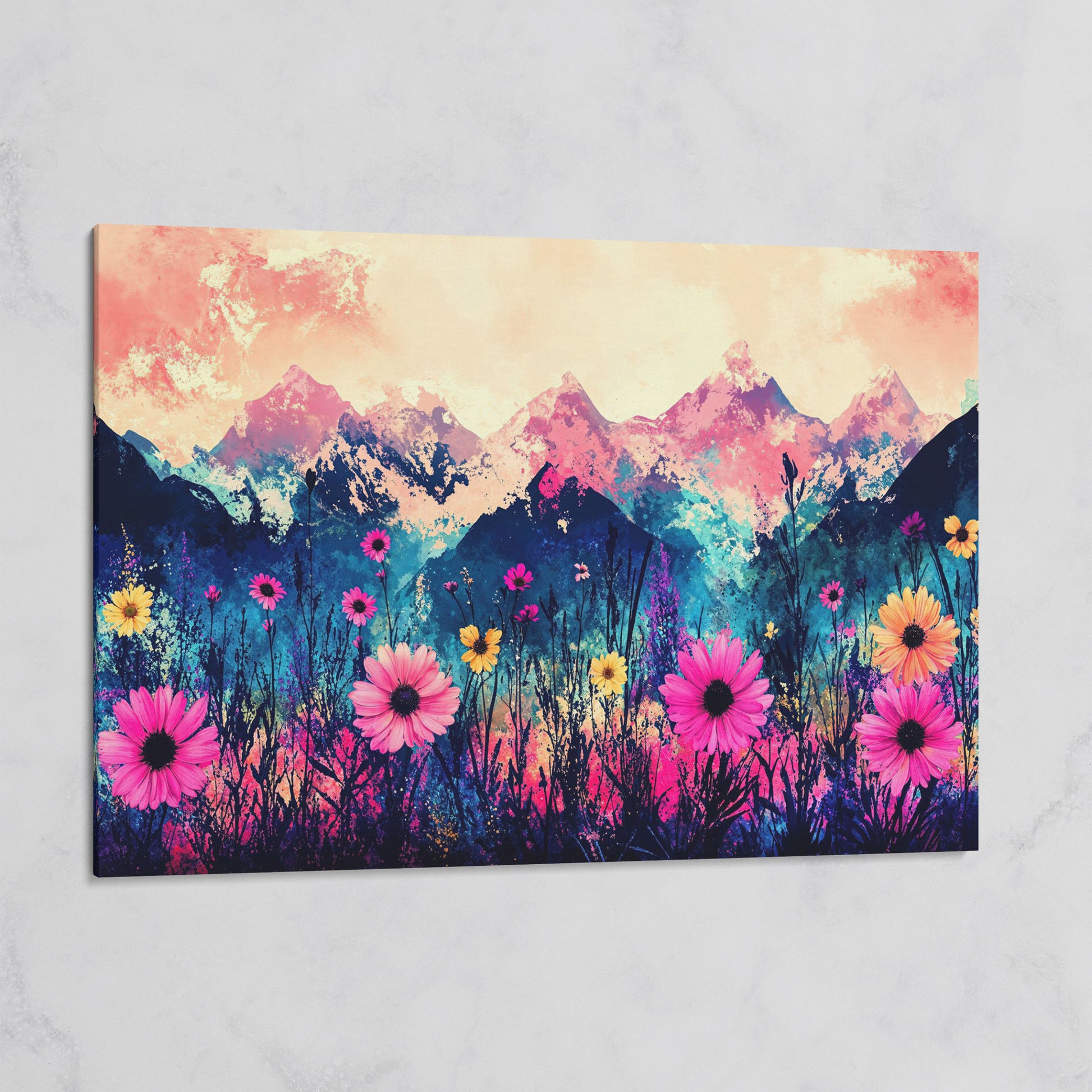 Mountain Sunrise with Wildflowers, Abstract Landscape Canvas Art on gallery wrap