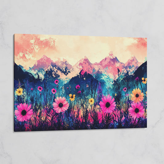 Mountain Sunrise with Wildflowers, Abstract Landscape Canvas Art on gallery wrap
