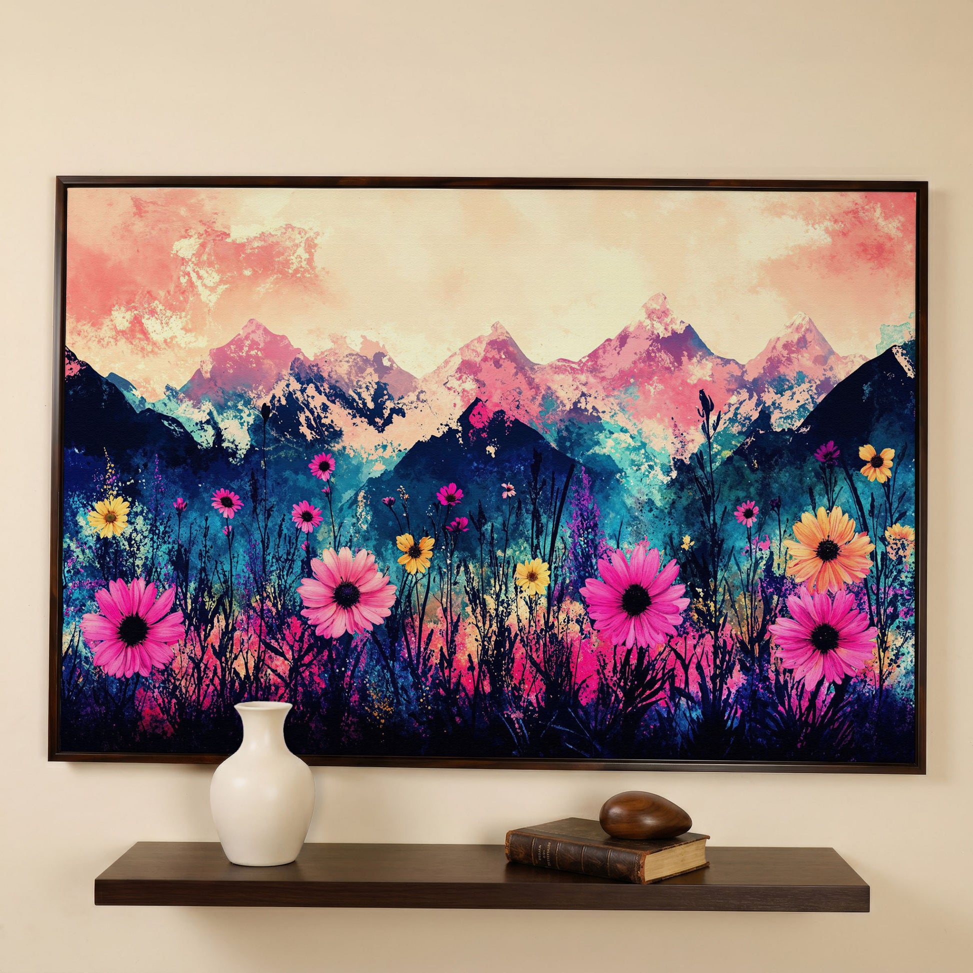 Mountain Sunrise with Wildflowers, Abstract Landscape Canvas Art in dark walnut floating frame