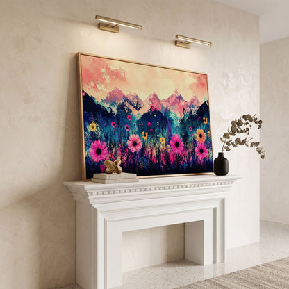 Mountain Sunrise with Wildflowers, Abstract Landscape Canvas Art in white oak floating frame