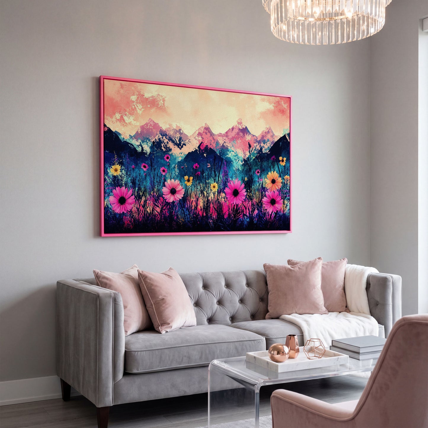 Mountain Sunrise with Wildflowers, Abstract Landscape Canvas Art in pink floating frame