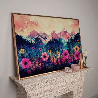 Mountain Sunrise with Wildflowers, Abstract Landscape Canvas Art in rose gold floating frame