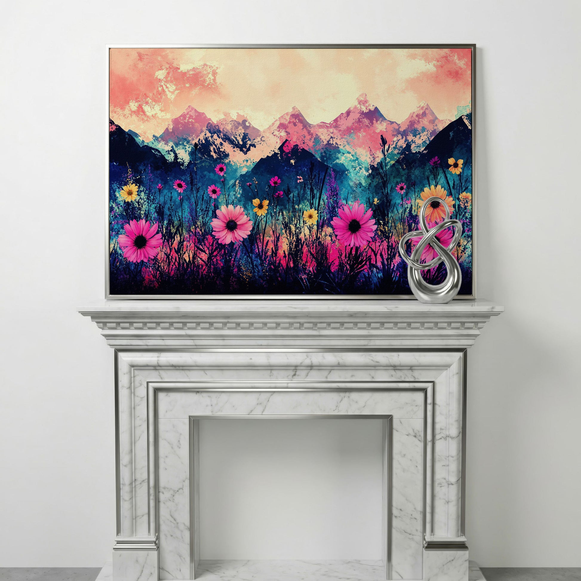 Mountain Sunrise with Wildflowers, Abstract Landscape Canvas Art in silver floating frame