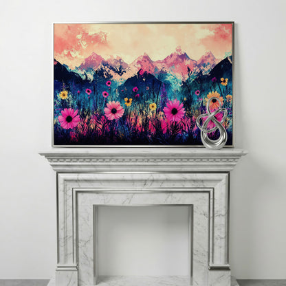 Mountain Sunrise with Wildflowers, Abstract Landscape Canvas Art in silver floating frame