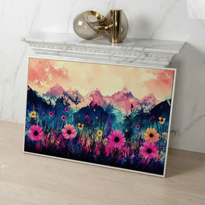 Mountain Sunrise with Wildflowers, Abstract Landscape Canvas Art in white floating frame