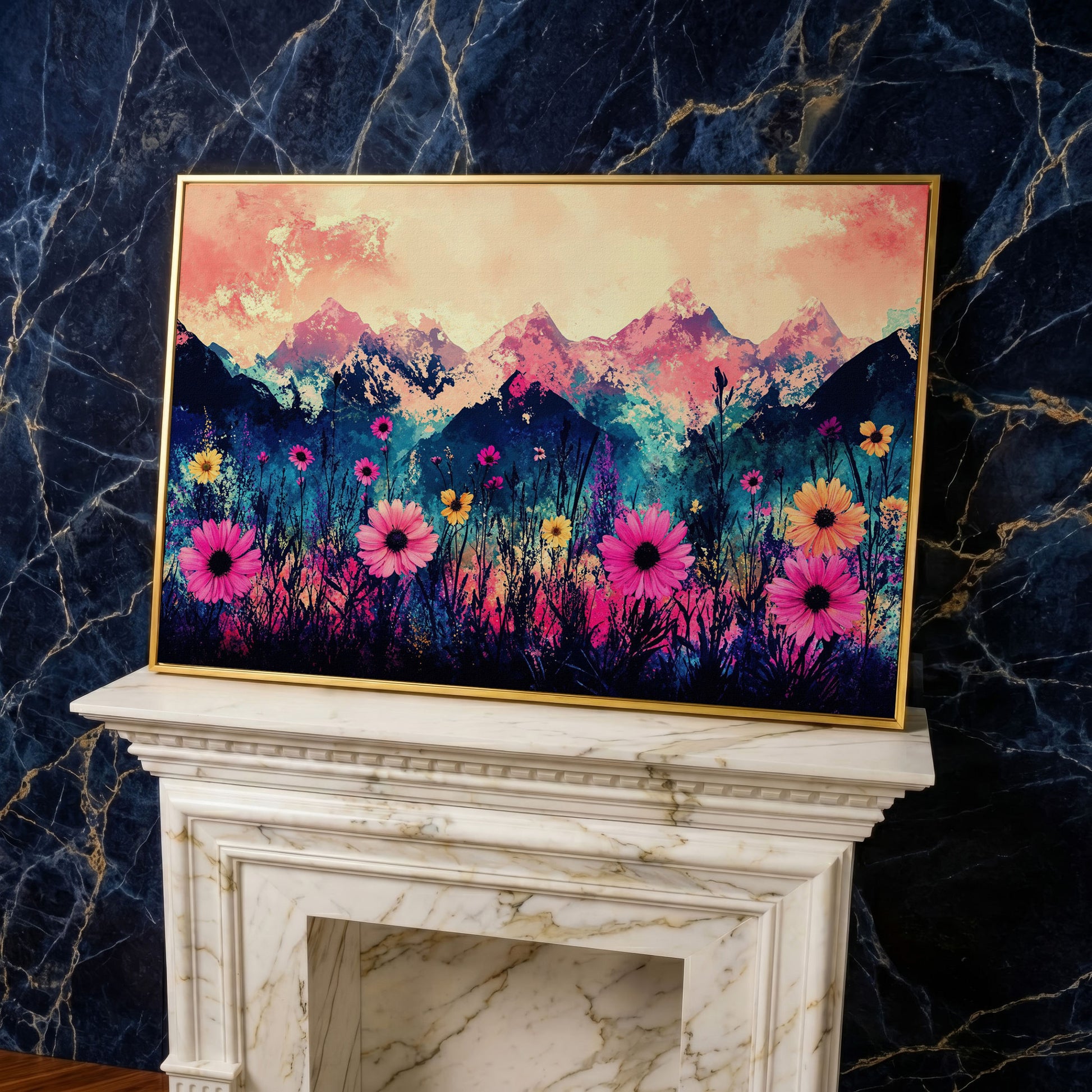 Mountain Sunrise with Wildflowers, Abstract Landscape Canvas Art in yellow gold floating frame
