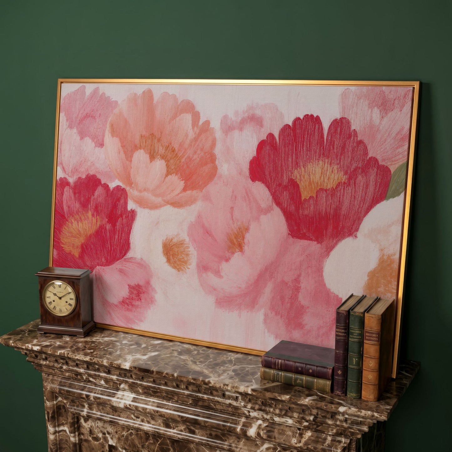 Vintage Pink Peonies Canvas Print, Floral Botanical Art in antique gold floating frame