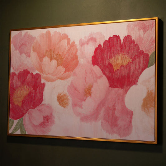 Vintage Pink Peonies Canvas Print, Floral Botanical Art shown in antique gold floating frame