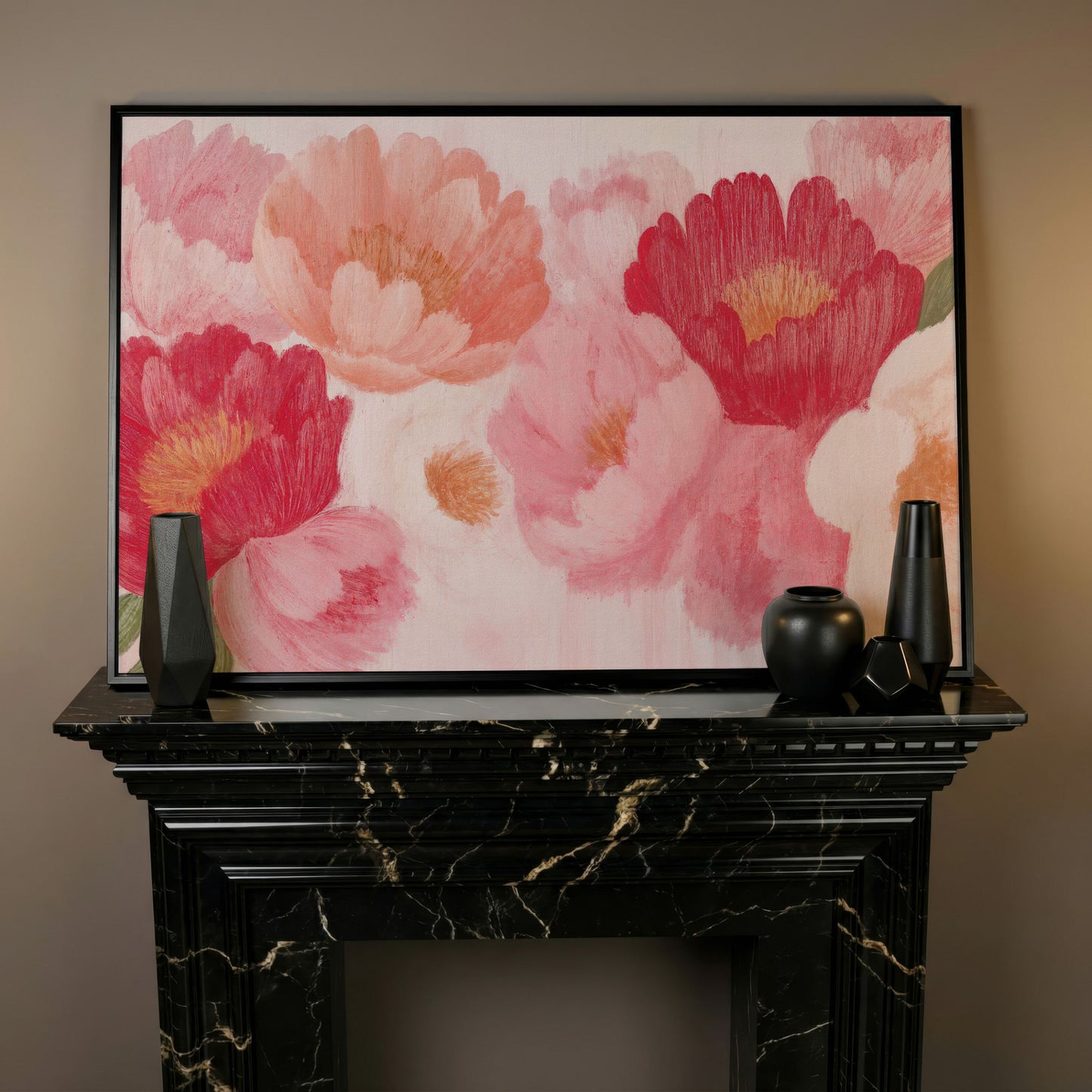 Vintage Pink Peonies Canvas Print, Floral Botanical Art in black floating frame