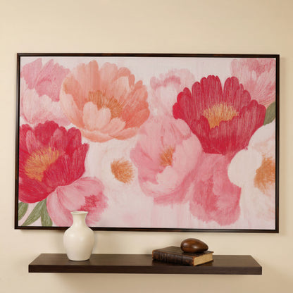 Vintage Pink Peonies Canvas Print, Floral Botanical Art in dark walnut floating frame