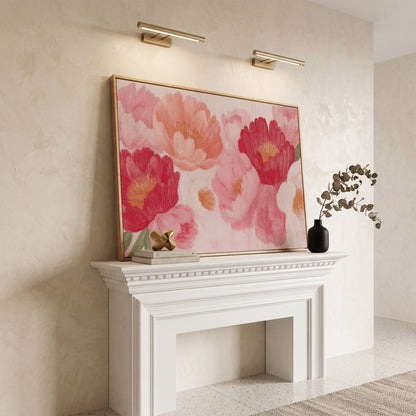 Vintage Pink Peonies Canvas Print, Floral Botanical Art in white oak floating frame
