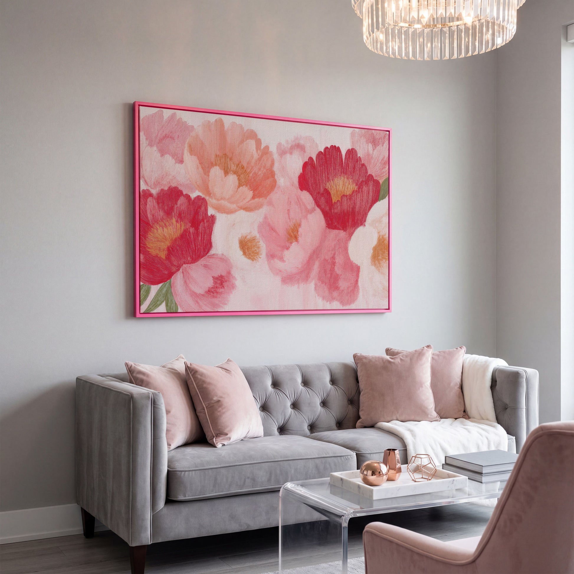 Vintage Pink Peonies Canvas Print, Floral Botanical Art in pink floating frame