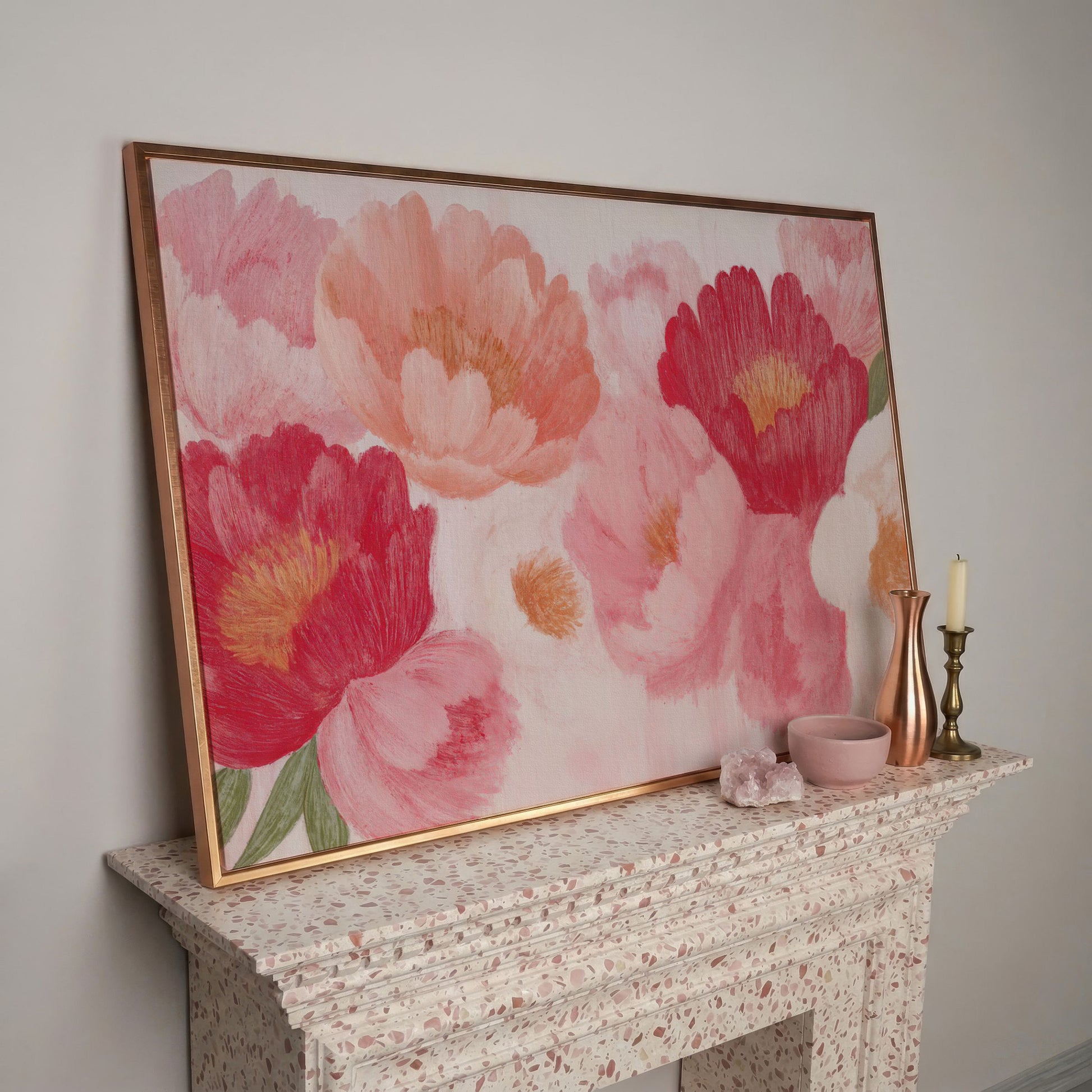 Vintage Pink Peonies Canvas Print, Floral Botanical Art in rose gold floating frame