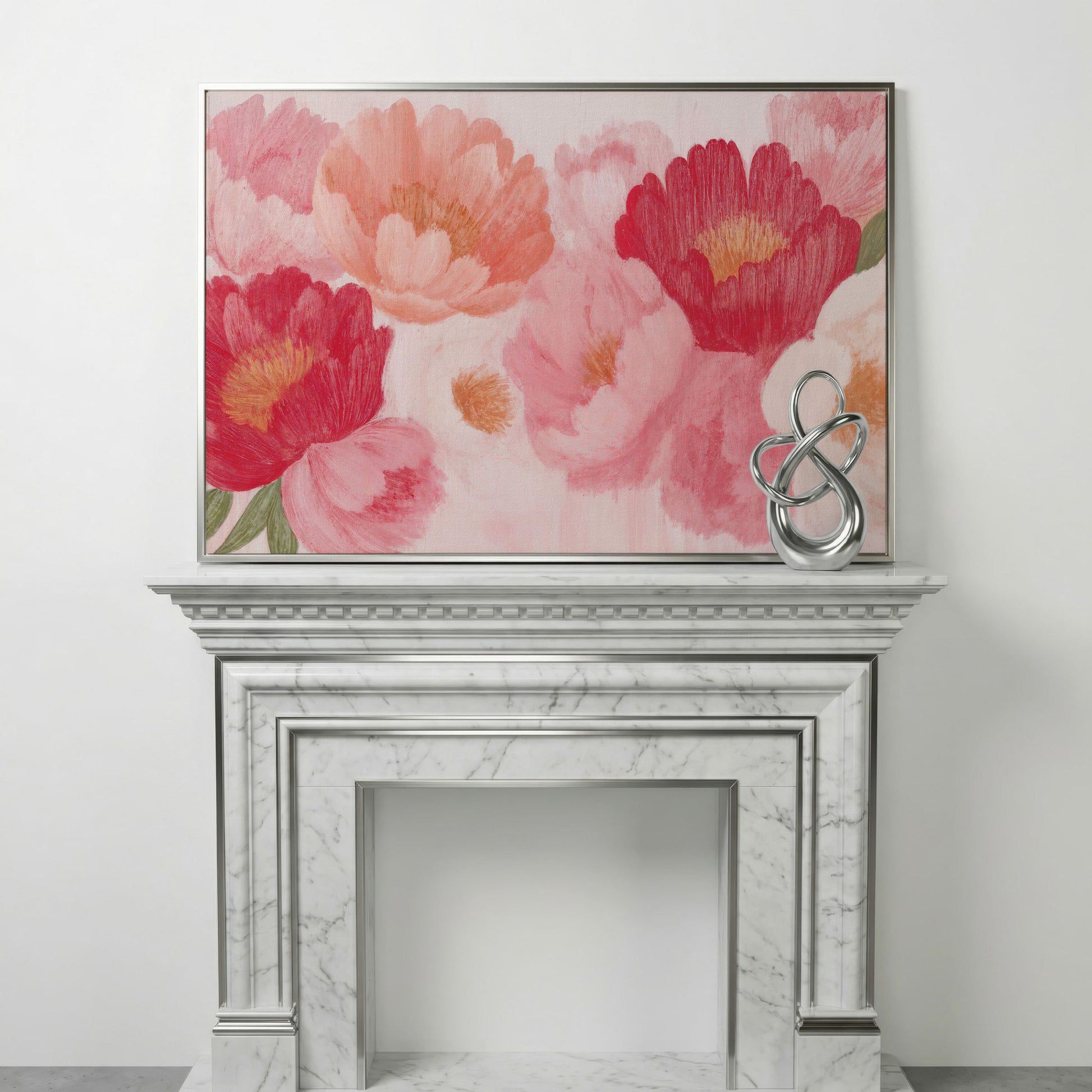 Vintage Pink Peonies Canvas Print, Floral Botanical Art in silver floating frame
