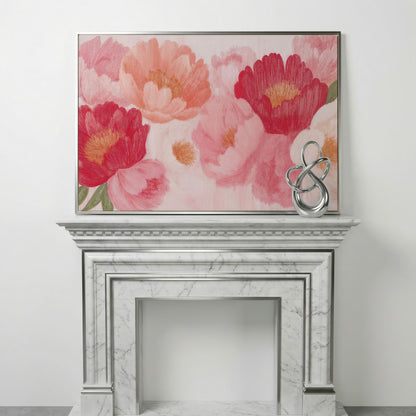 Vintage Pink Peonies Canvas Print, Floral Botanical Art in silver floating frame