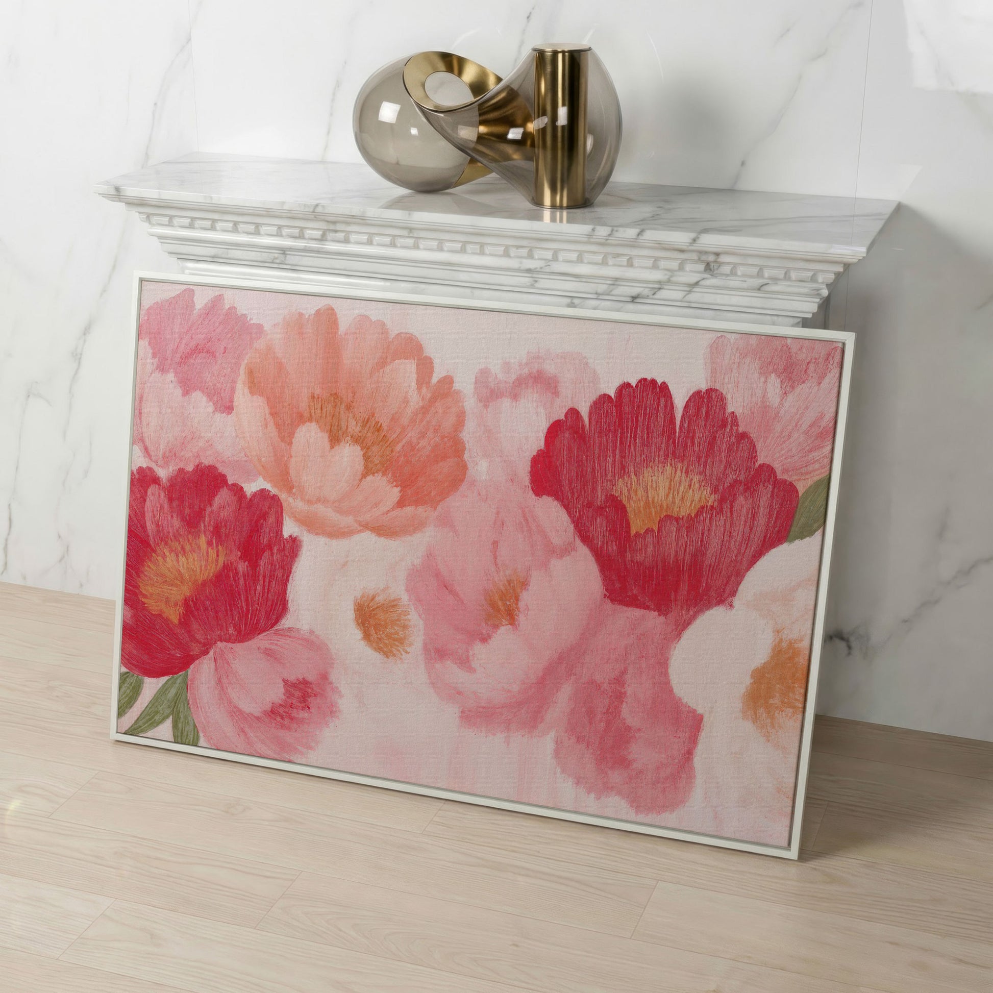 Vintage Pink Peonies Canvas Print, Floral Botanical Art in white floating frame