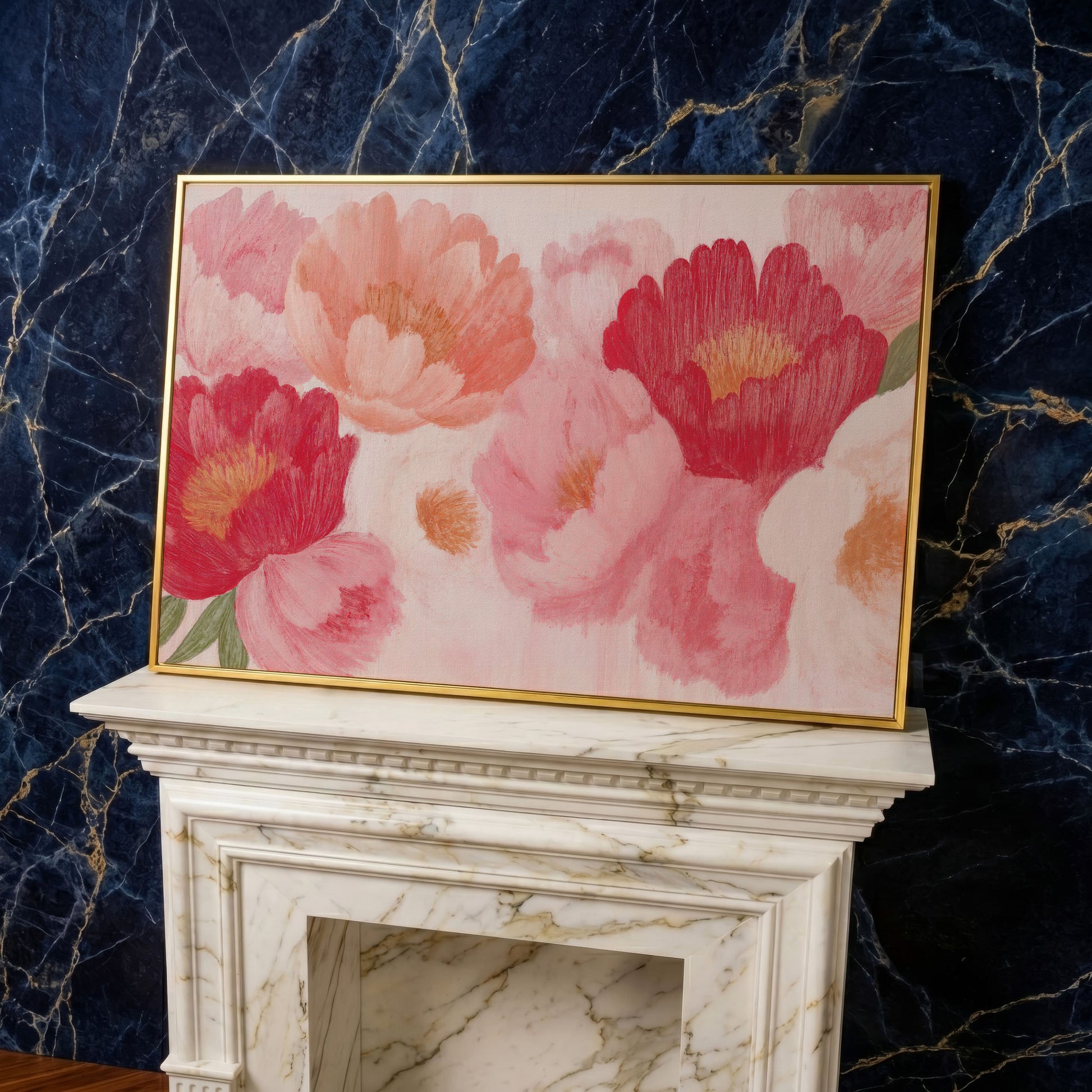 Vintage Pink Peonies Canvas Print, Floral Botanical Art in yellow gold floating frame