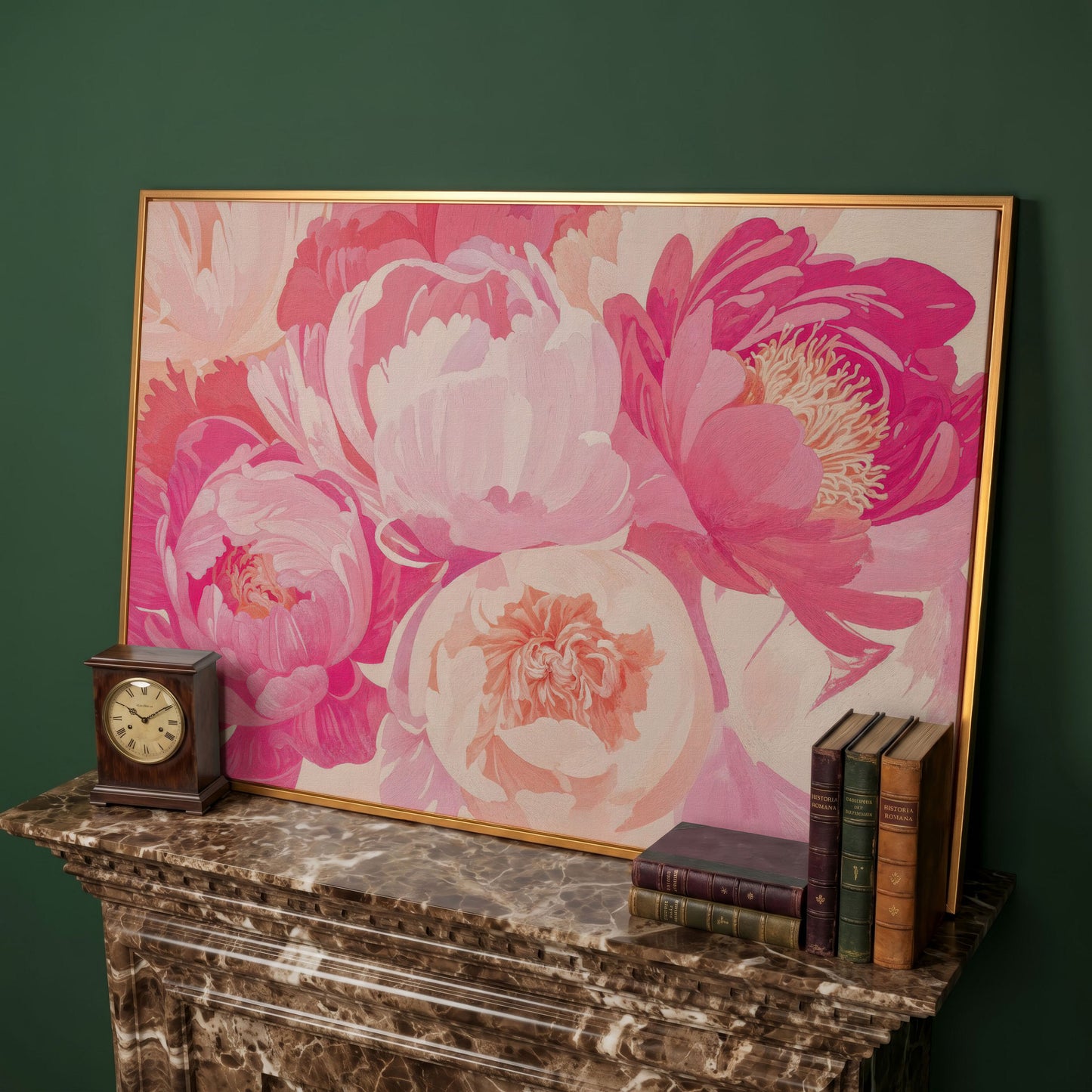 Pink Peonies Canvas Print in antique gold floating frame
