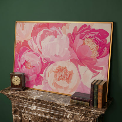Pink Peonies Canvas Print in antique gold floating frame