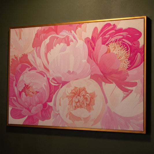 Pink Peonies Canvas Print shown in antique gold floating frame